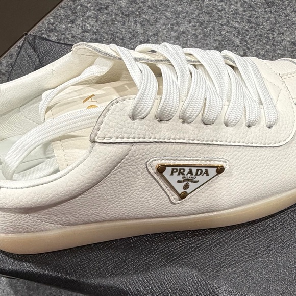 Prada White Leather Low-Top Sneaker with Beige Sole - Picture 4 of 4
